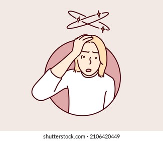 Sick person suffering from vertigo, feeling confused, dizzy and head ache. Hand drawn style vector design illustrations.