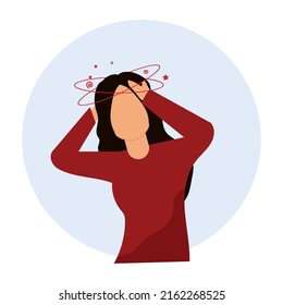 Sick person suffering from vertigo, feeling confused, dizzy and headache. Flat vector illustration for stress, illness symptoms, migraine, hangover concept.