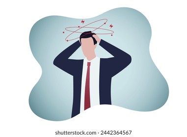 Sick person suffering from vertigo, feeling confused, dizzy and head ache. Flat vector illustration for stress, sickness symptoms, migraine, hangover concept