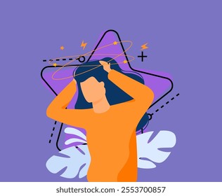 Sick person suffering from vertigo, feeling confused, dizzy and head ache. Flat vector illustration for stress, sickness symptoms, migraine, hangover concept