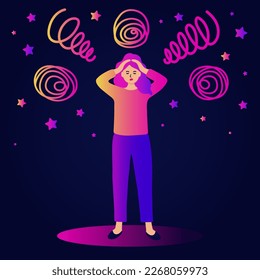 The sick person suffers from dizziness, confusion, dizziness and headache. Flat vector illustration for stress, disease symptoms, migraine, hangover. trendy neon colors