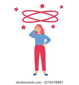 The sick person suffers from dizziness, confusion, dizziness and headache. Flat vector illustration for stress, disease symptoms, migraine, hangover