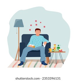 A sick person with symptoms of a cold, flu is sitting in a home chair and taking medications. Vector illustration.