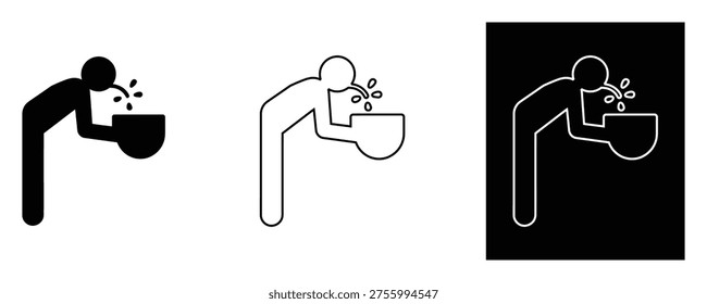 Sick person vomiting into laptop computer vector icons set