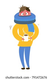 sick person at work with a mug in a scarf, the temperature with a sickness, a sick man feels bad