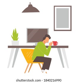 Sick person working in office or at home. Personage coughing or sneezing, sickness or coronavirus symptoms. Pandemic and epidemic in workplace. Employee sitting by table with computer, vector