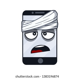 Sick phone. Smartphone with medical bandage on head. Virus and bug. problem with device. Repair and service. Illness sad face on screen. Funny character. Cartoon illustration Eye and mouth. 