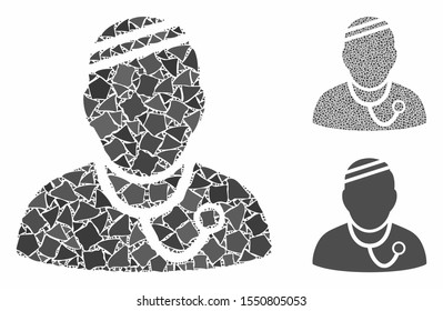 Sick physician composition of tuberous pieces in various sizes and shades, based on sick physician icon. Vector rugged items are organized into collage.