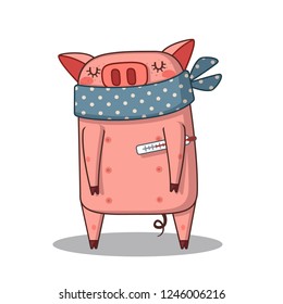 Sick pig in a scarf and with a thermometer.