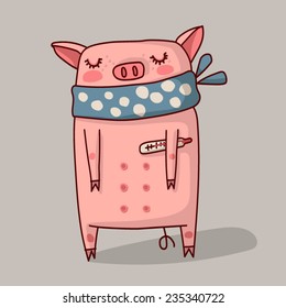 Sick pig in a scarf and with a thermometer.