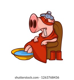 Sick pig sitting in armchair wrapped in his superhero mantle. Humanized animal feeling unhealthy. Cartoon vector design