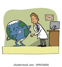 Sick planet Earth in pain goes to a doctor.