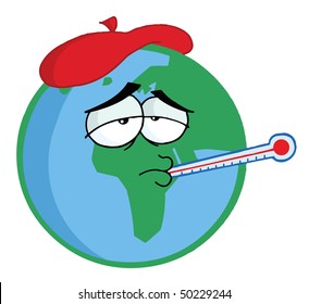 Sick Planet Earth Wearing An Ice Pack, A Thermometer