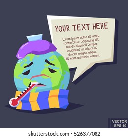 Sick Planet Earth Wearing An Ice Pack with thermometer and scarf save world concept ecology problem - vector illustration