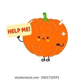 Sick Pumpkin pide ayuda al personaje. Caricatura dibujada a mano del vector icono de ilustración del personaje kawaii. Aislado sobre fondo blanco. Sufriendo un concepto poco saludable del personaje de la calabaza