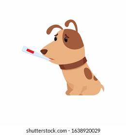 Sick Puppy With Thermometer Sitting Flat Vector Illustration. Sad Dog With High Temperature Cartoon Character. Fever, Influenza Symptom. Pet With Cold Isolated On White