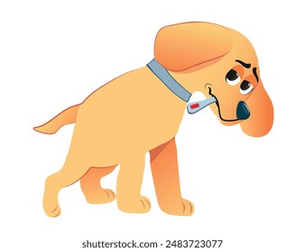 Cachorro enfermo con termómetro sentado Ilustración vectorial plana. Perro triste con personaje de dibujos animados de alta temperatura. Fiebre, síntoma de gripe. Mascota con frío aislado sobre blanco.