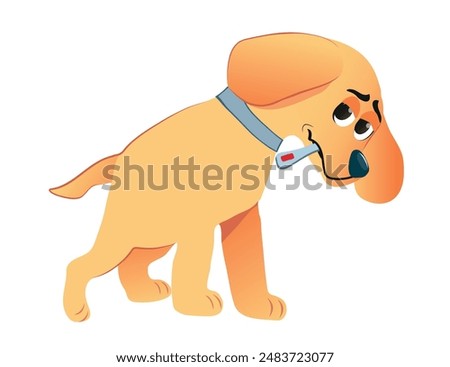 Sick puppy with thermometer sitting flat vector illustration. Sad dog with high temperature cartoon character. Fever, influenza symptom. Pet with cold isolated on white.