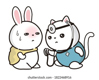 The sick rabbit and the doctor (cat).