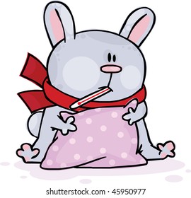 Sick rabbit with a pink pillow