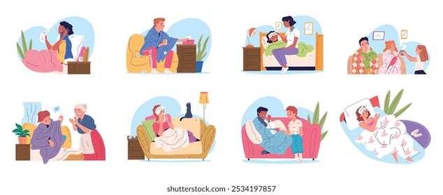 Doentes recuperaram pessoas. Doença da família influenza tratamento em casa se recuperando, frio fraco mulher doença homem no sofá cama gripe febre fria espirrar rinite, elegante ilustração vetorial original obra de arte