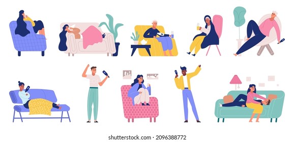 Sick and recovered people, person with flu or cold symptoms at home. Flu, virus symptoms, characters with fever disease vector illustration set. Adults having influenza, taking temperature