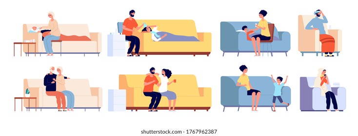 Sick and recovery people. Ill person on couch or sofa, young adult senior with thermometer. Man woman influenza, family treatment vector set