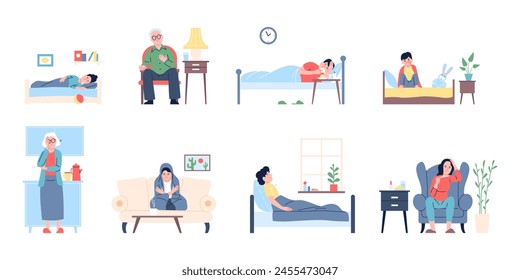 Sick and recovery people. Person ill at home, sleeping on sofa and sitting in armchair. Adult has influenza, infection or cold, recent vector set