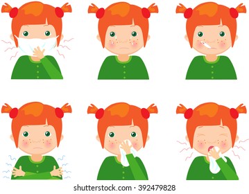 Sick red-haired girl with flu mask, thermometer and handkerchief. Cartoon illustration