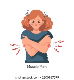 A sick red-haired girl with muscle pains and aches all over her body. Intoxication of the body with influenza or coronavirus. Colds, viral diseases. Isolated vector illustration on a white background