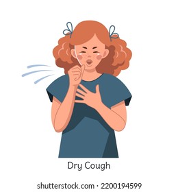 A sick red-haired girl with symptoms of respiratory disease. Dry cough. The woman suffers from asthma, allergies or colds. Isolated vector illustration on a white background