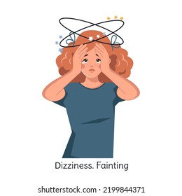 A sick red-haired woman with dizziness. The girl faints. Consequences and symptoms of coronavirus. Vector illustration in cartoon style, isolated on a white background