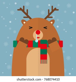 Sick Reindeer Merry Christmas flat design on light blue background. Snow flake falling.