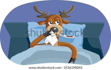 
Sick Reindeer Sitting in Bed with Thermometer Vector Cartoon. Santa helper feeling unwell after catching the common cold 

