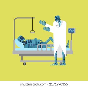 Sick robot on hospital bed. cyborg repair. The concept of future of mankind