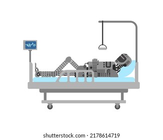 Sick robot on hospital bed. cyborg repair. The concept of future of mankind