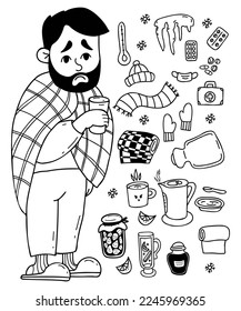 Sick sad bearded man wrapped in blanket with cup. collection of treatment items pills, scarf, hat, gloves, jam, kettle, mulled wine, heating pad and thermometer. Isolated vector linear doodles