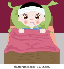 Sick and sad boy in bed with a thermometer in his mouth.