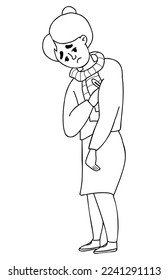 Sick sad pensioner woman with thermometer. Vector illustration. Outline drawing. Female character sickness and malaise