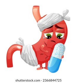 Sick sad stomach character with bandage holding medicine capsule in hand. Vector illustration isolated on white background. Cartoon style
