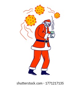 Sick Santa Claus Character Wearing Red Costume, Hat and Medical Mask Suffering of Coronavirus Disease, Drinking Hot Tea. Christmas Personage Sickness, Covid 19 Epidemic. Linear Vector Illustration