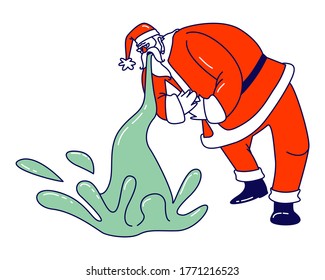 Sick Santa Claus Puke Suffering of Food Poisoning or Alcohol Intoxication. Xmas Character Wearing Red Costume and Hat Stomach Disease. Christmas Personage Sickness, Illness. Linear Vector Illustration
