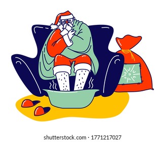 Sick Santa Claus Sore Feet Sitting on Couch Wrapped in Plaid. Christmas Character Wearing Red Costume and Hat Suffering of Flu or Covid19 Disease. Xmas Personage Sickness, Linear Vector Illustration