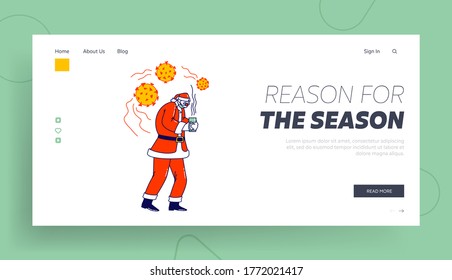 Sick Santa Landing Page Template. Claus Character Wearing Medical Mask Suffering of Coronavirus Disease, Drinking Hot Tea. Christmas Personage Sickness, Covid 19 Epidemic. Linear Vector Illustration