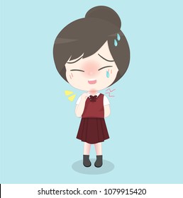 Sick school girl, cough. Vector illustration.