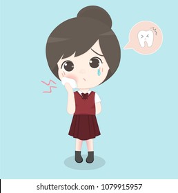 Sick school girl, toothache. Vector illustration.