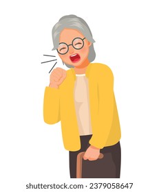 Sick senior elderly woman coughing coughing because of cold, fever, bronchitis, asthma, allergy and respiratory diseases symptoms