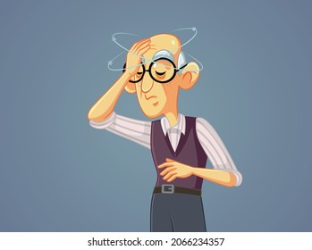 Sick Senior Man Feeling Dizzy Vector Cartoon. Elderly Citizen Having Vertigo Problems And Severe Headache Feeling Unwell
