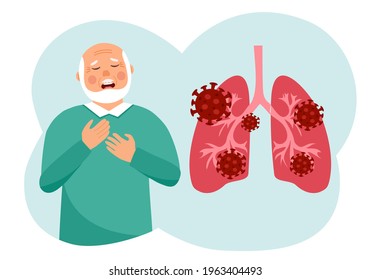 Sick senior man has chest pain symptom and lungs with virus cells in flat design. Coronavirus pneumonia disease. Respiratory system infection.