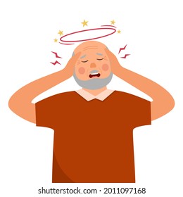 Sick senior man having headache and dizzy symptom in flat design on white background. Old man feeling vertigo. Dizziness illness.